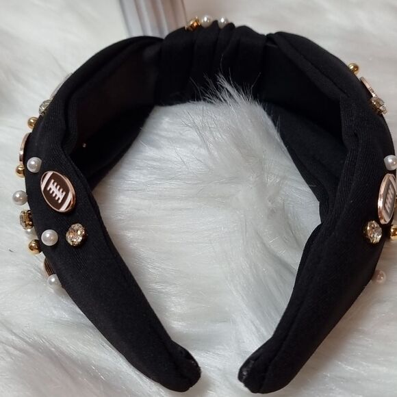 FOOTBALL SPIRIT WIDE BLACK JEWELED HEADBAND - Picture 5 of 9